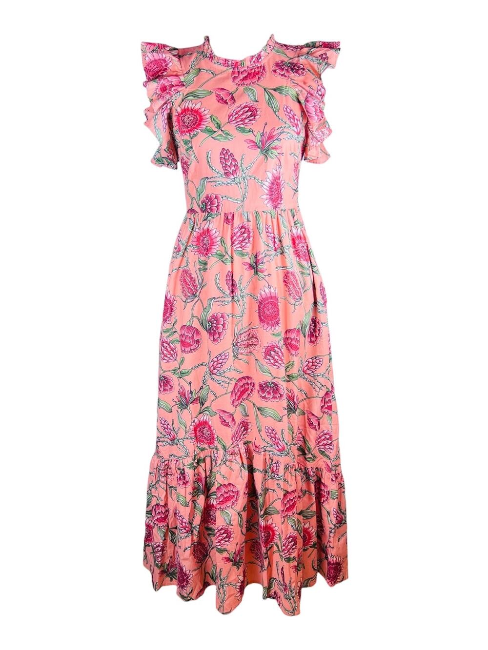 Banjanan Hanna Protea Crabapple Floral Ruffle Maxi Dress NWT Size S